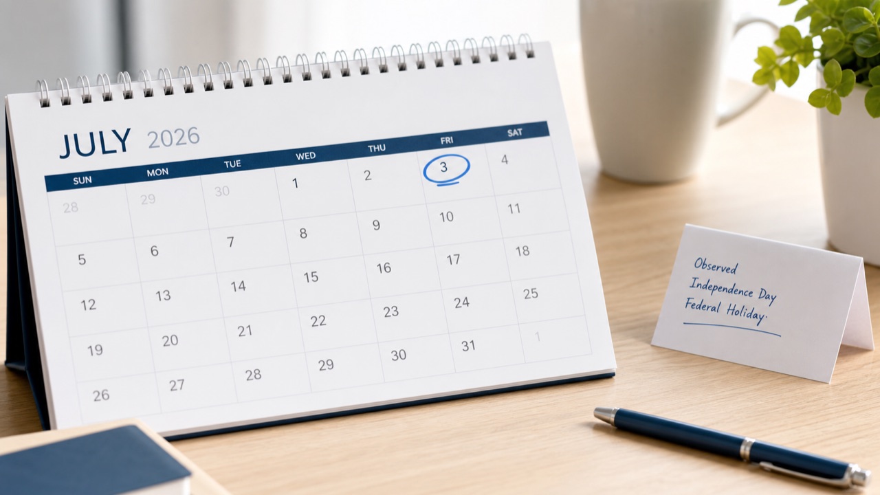 Desk calendar showing July 2026 with Friday July 3 highlighted as the observed Independence Day federal holiday